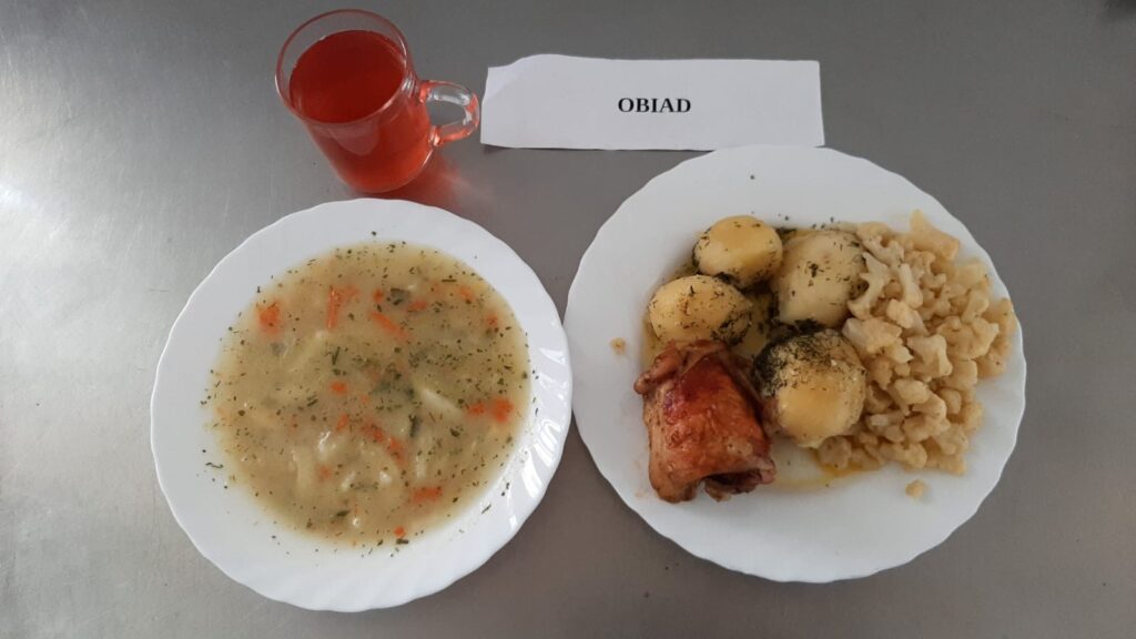 Obiad złożony z: zupy jarzynowej z ziemniakami, ziemniaków puree, kalafiora,, udka pieczonego z warzywami oraz kompotu z jabłek (z cukrem).