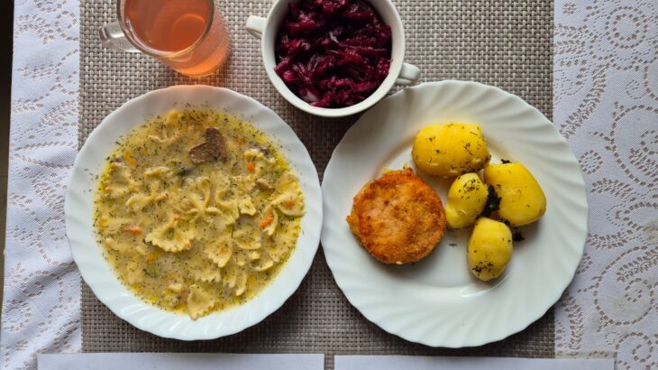 Na zdjęciu znajduję się posiłek w którego skład wchodzi Zupa pieczarkowa z makaronem, Ziemniaki młode, Mortadela smażona, Surówka z buraka i chrzanu, Kompot z jabłek