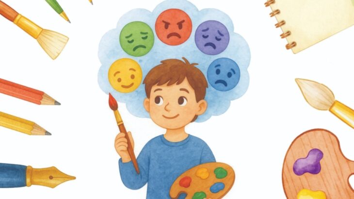 Grafika przedstawia chłopca z pędzlem