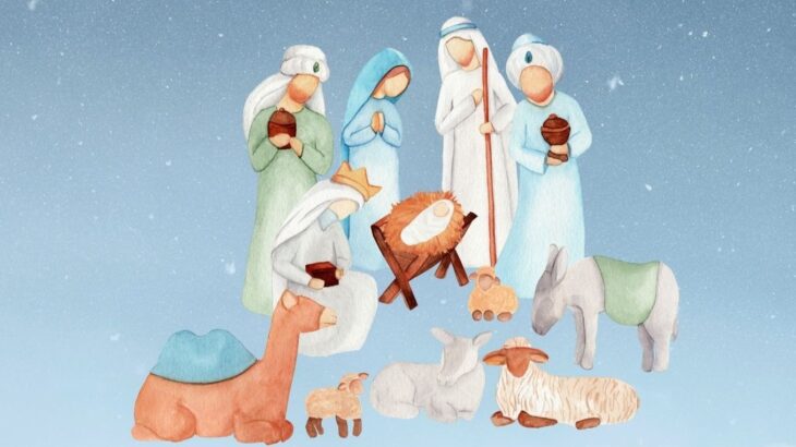 Grafika przedstawia szopkę bożenarodzeniową