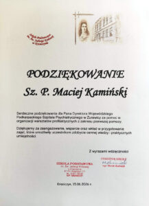 Podziękowanie od Dyrektora Szkoły Podstawowej w Krasiczynie