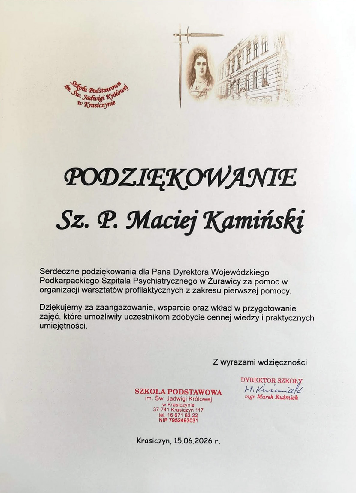 Podziękowanie od Dyrektora Szkoły Podstawowej w Krasiczynie